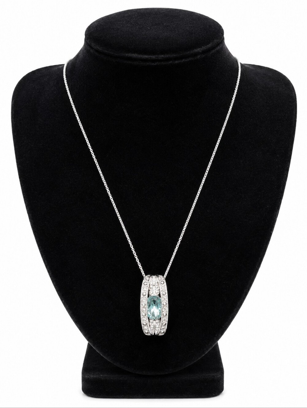 925 Sterling Silver 14" + 3.5" Extender Blue CZ Halo Pendant Necklace 1"